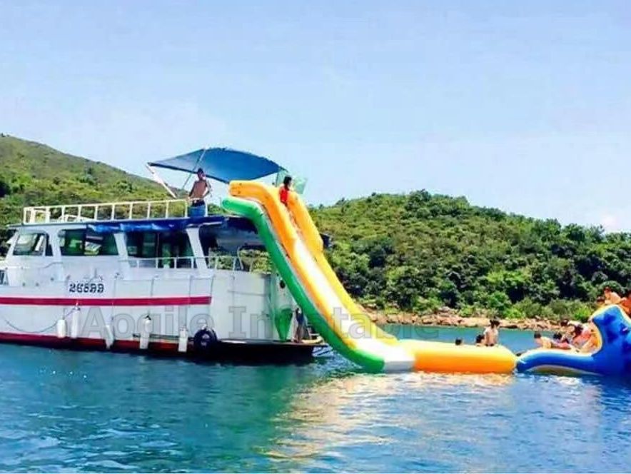 Entertainment Yacht Water Floating Slide PVC Inflatable Pontoon Boat Slide for adult