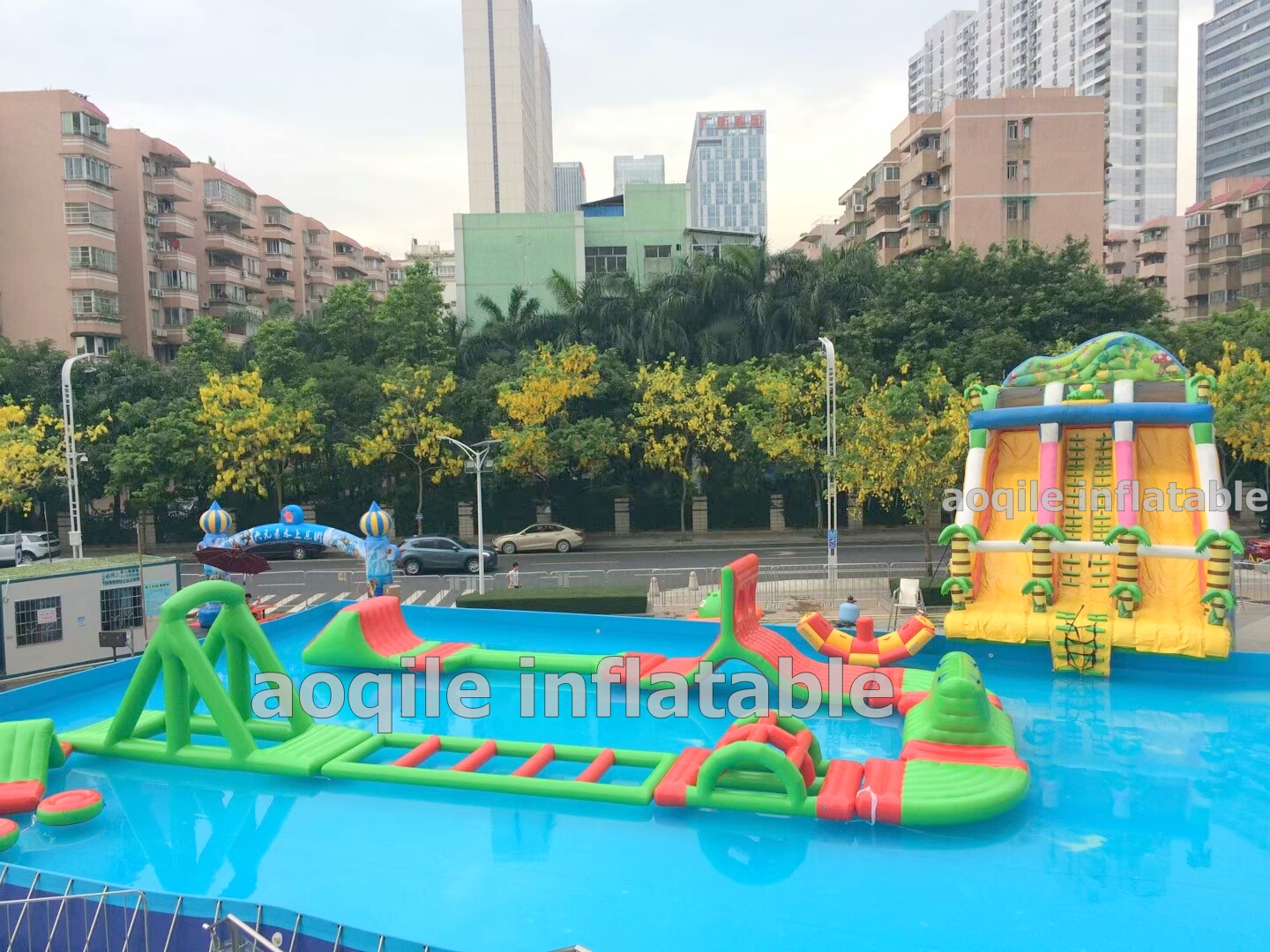 China Manufacturer inflatable water amusement park on ground, inflatable water park with pool and slide