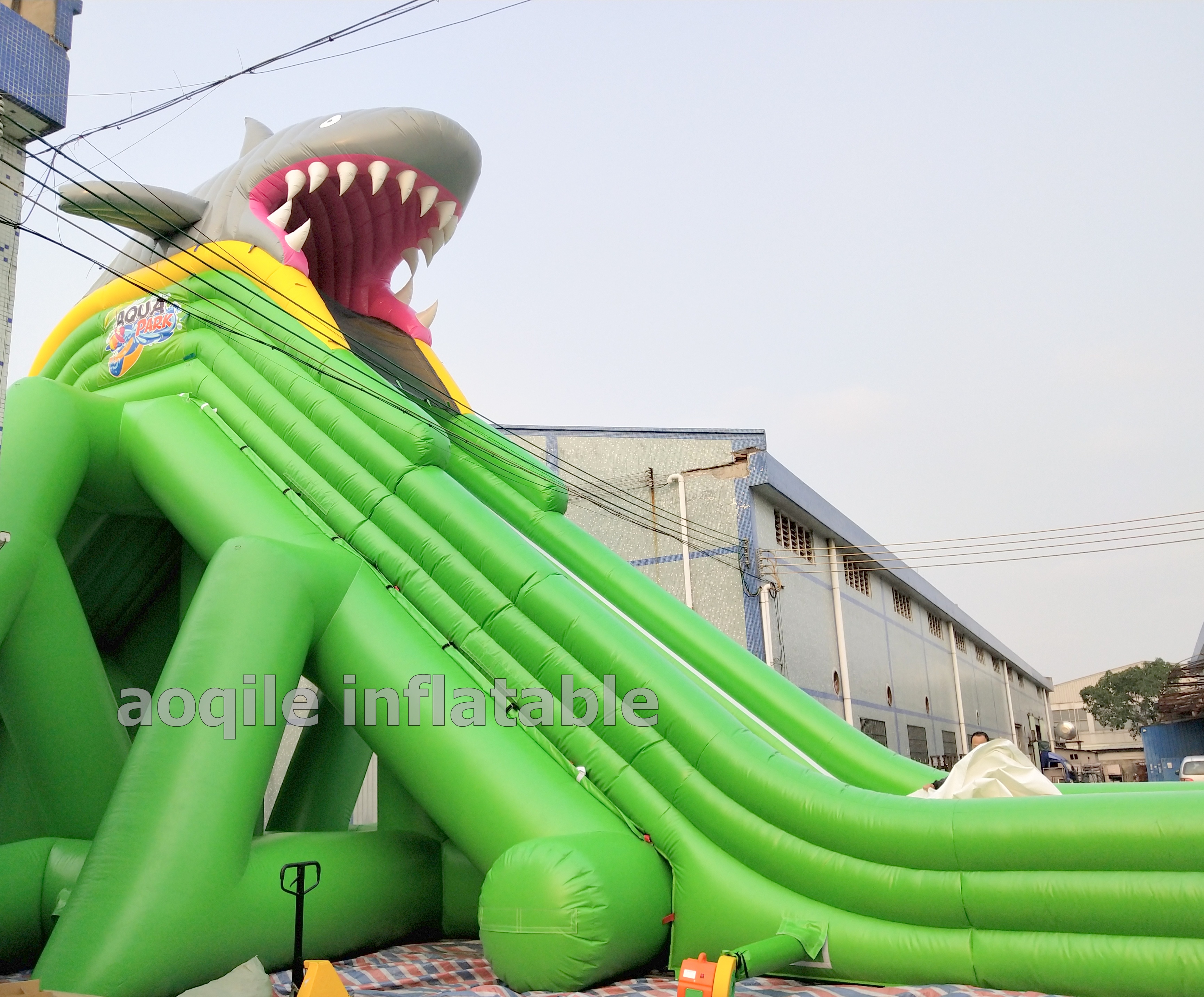 Custom Giant Shark Amusement Water Park Drop Kick Slide Inflatable Flying n Slip Water Slide