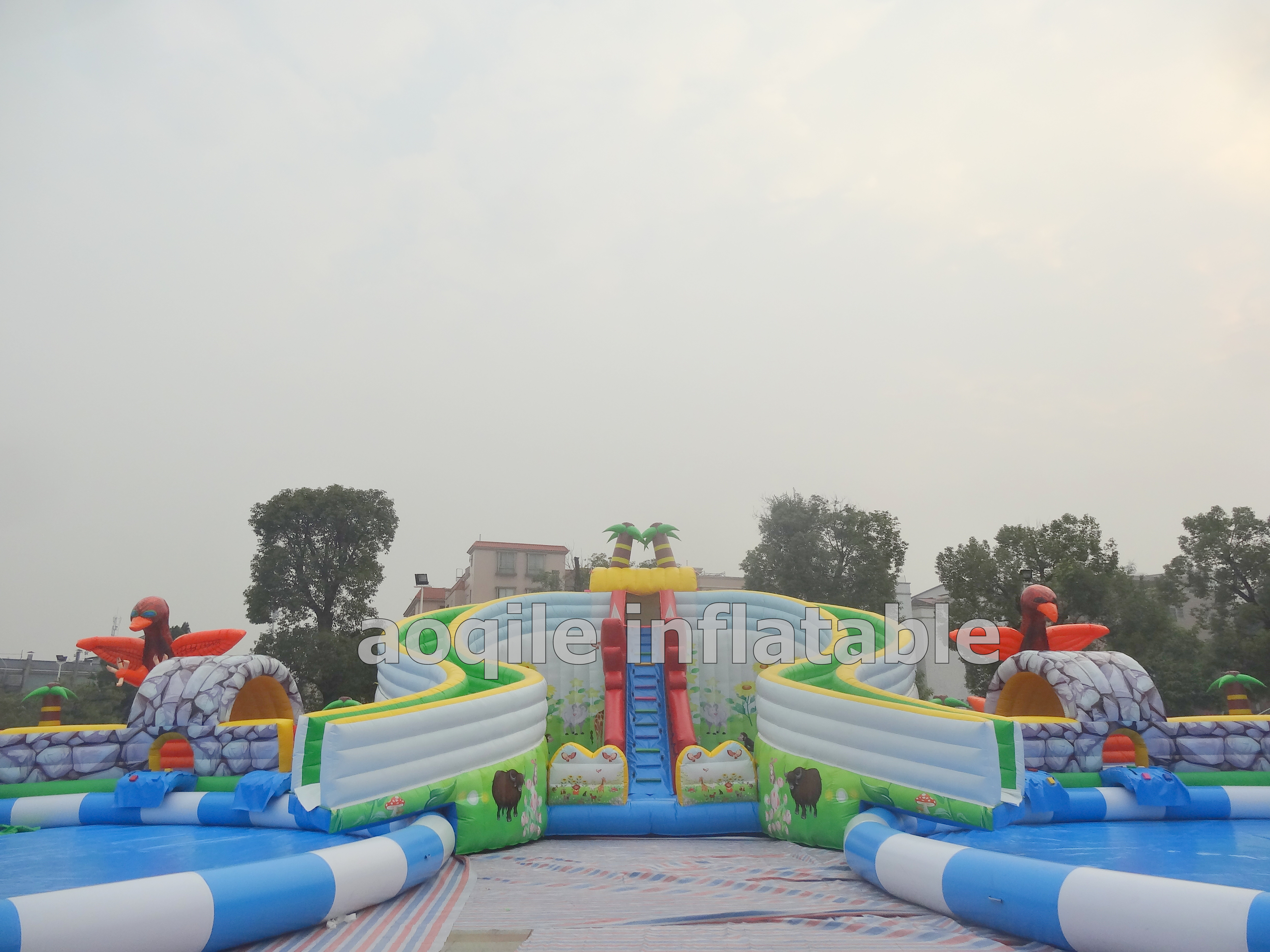 Outdoor inflatable land water park,backyard inflatable water pool park combo slide,inflatable fun island city on play ground